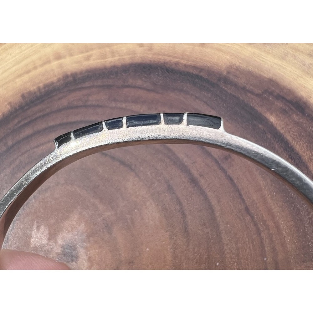 Vtg TAXCO Mexico Black Onyx Inlay Bangle Bracelet 925 Sterling Silver Hinged 24g - Picture 15 of 16